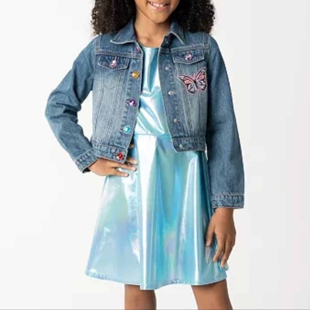 $94 Sparkle & Shine Girls Liquid Metallic Dress with Denim Jacket 2  Piece Set